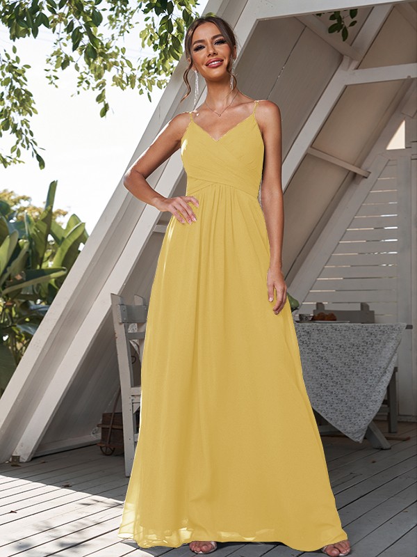 A-Line/Princess Chiffon Ruched V-neck Sleeveless Floor-Length Bridesmaid Dresses 2180