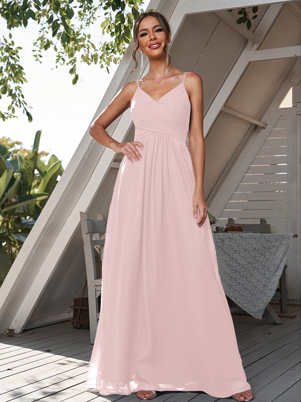 A-Line/Princess Chiffon Ruched V-neck Sleeveless Floor-Length Bridesmaid Dresses 2180