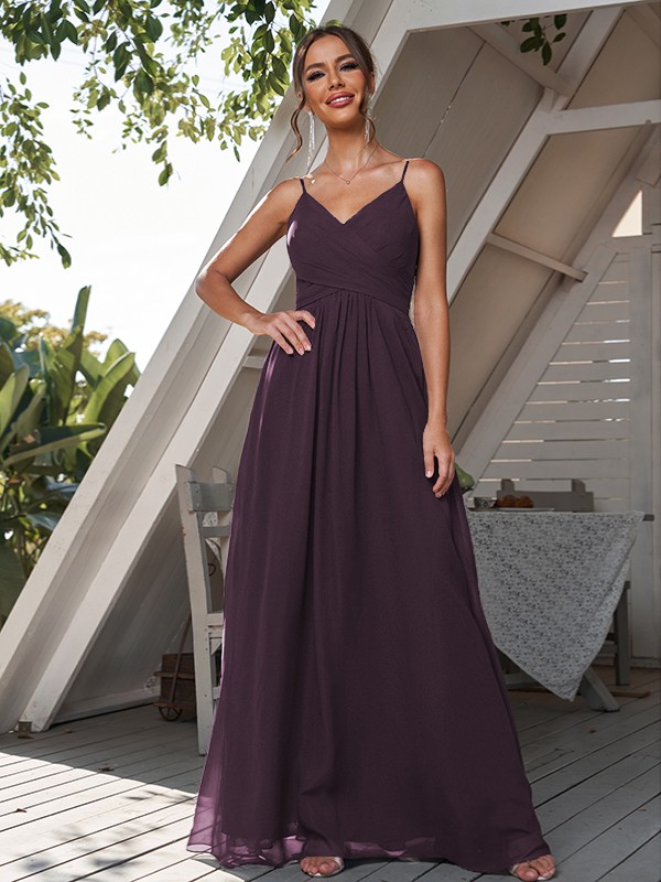 A-Line/Princess Chiffon Ruched V-neck Sleeveless Floor-Length Bridesmaid Dresses 2180