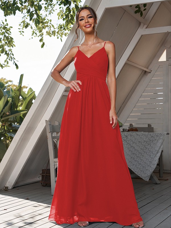 A-Line/Princess Chiffon Ruched V-neck Sleeveless Floor-Length Bridesmaid Dresses 2180