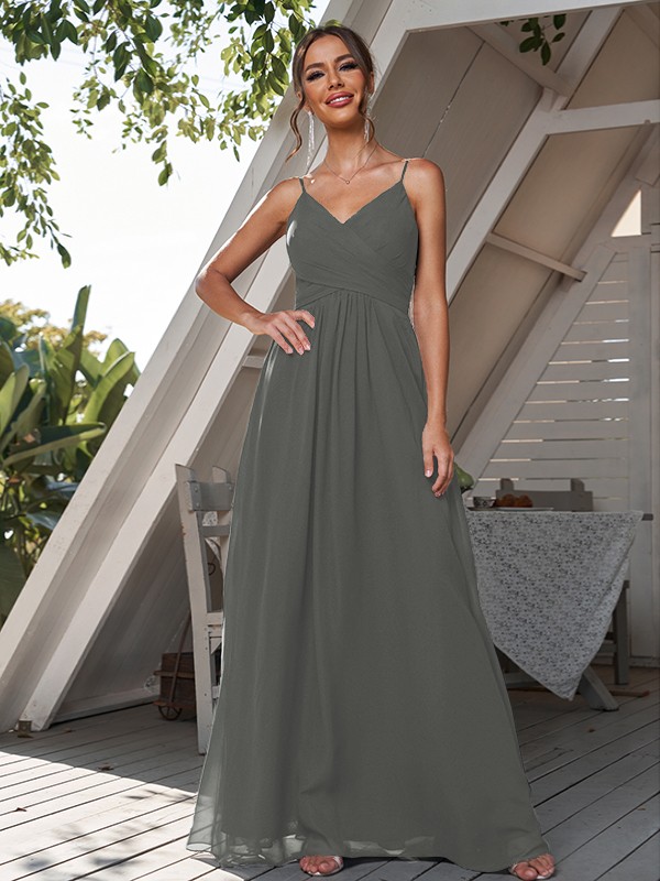 A-Line/Princess Chiffon Ruched V-neck Sleeveless Floor-Length Bridesmaid Dresses 2180