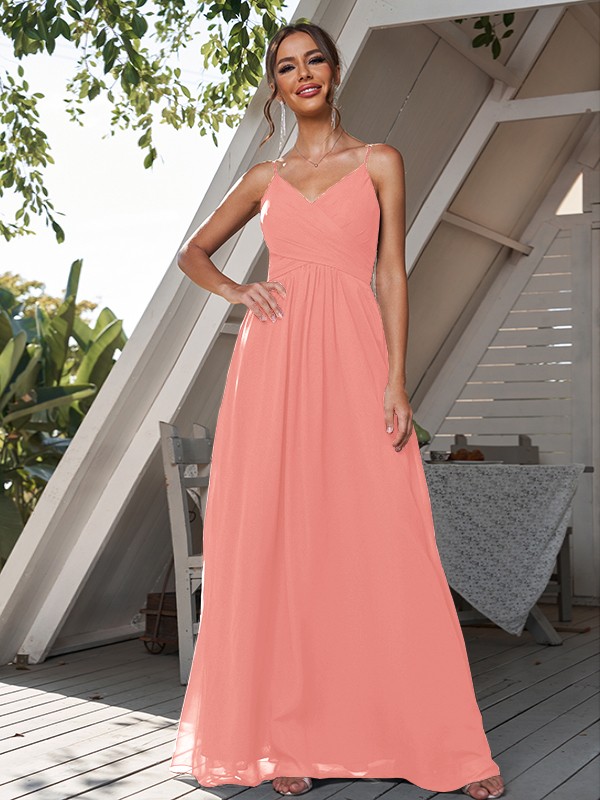 A-Line/Princess Chiffon Ruched V-neck Sleeveless Floor-Length Bridesmaid Dresses 2180