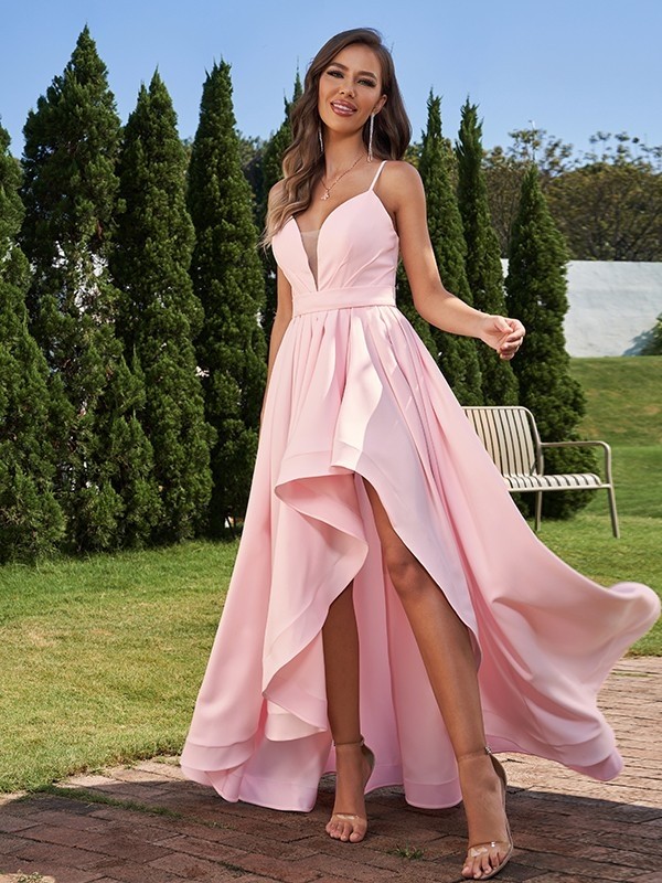 A-Line/Princess Stretch Crepe Ruched Spaghetti Straps Sleeveless Asymmetrical Bridesmaid Dresses 2659