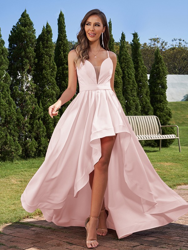 A-Line/Princess Stretch Crepe Ruched Spaghetti Straps Sleeveless Asymmetrical Bridesmaid Dresses 2659