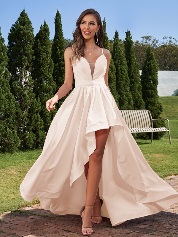 A-Line/Princess Stretch Crepe Ruched Spaghetti Straps Sleeveless Asymmetrical Bridesmaid Dresses 2659