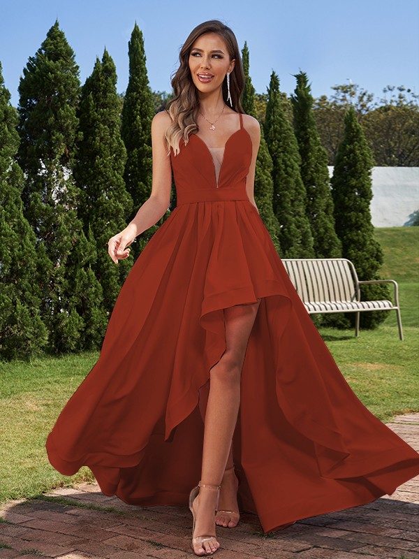 A-Line/Princess Stretch Crepe Ruched Spaghetti Straps Sleeveless Asymmetrical Bridesmaid Dresses 2659