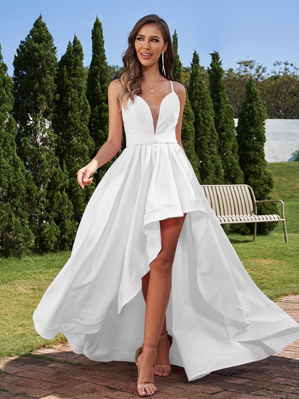 A-Line/Princess Stretch Crepe Ruched Spaghetti Straps Sleeveless Asymmetrical Bridesmaid Dresses 2659