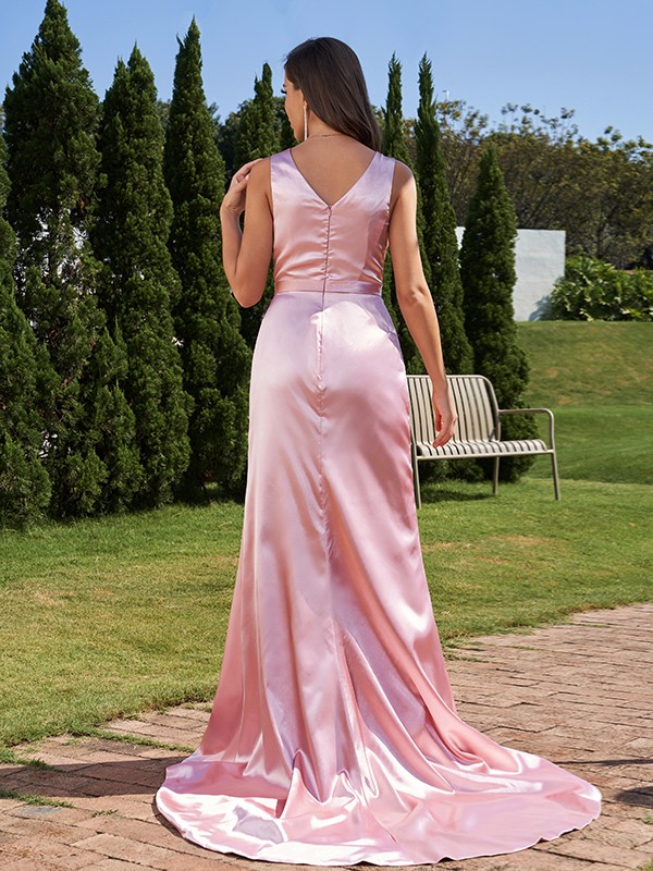 A-Line/Princess Elastic Woven Satin Ruched V-neck Sleeveless Sweep/Brush Train Bridesmaid Dresses 2258