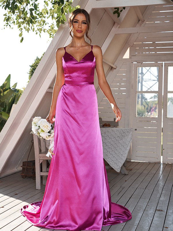 A-Line/Princess Silk like Satin Ruched V-neck Sleeveless Sweep/Brush Train Bridesmaid Dresses 2479