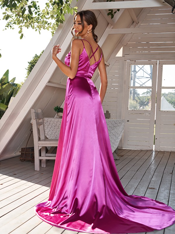 A-Line/Princess Silk like Satin Ruched V-neck Sleeveless Sweep/Brush Train Bridesmaid Dresses 2479