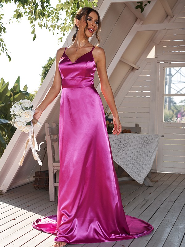 A-Line/Princess Silk like Satin Ruched V-neck Sleeveless Sweep/Brush Train Bridesmaid Dresses 2479