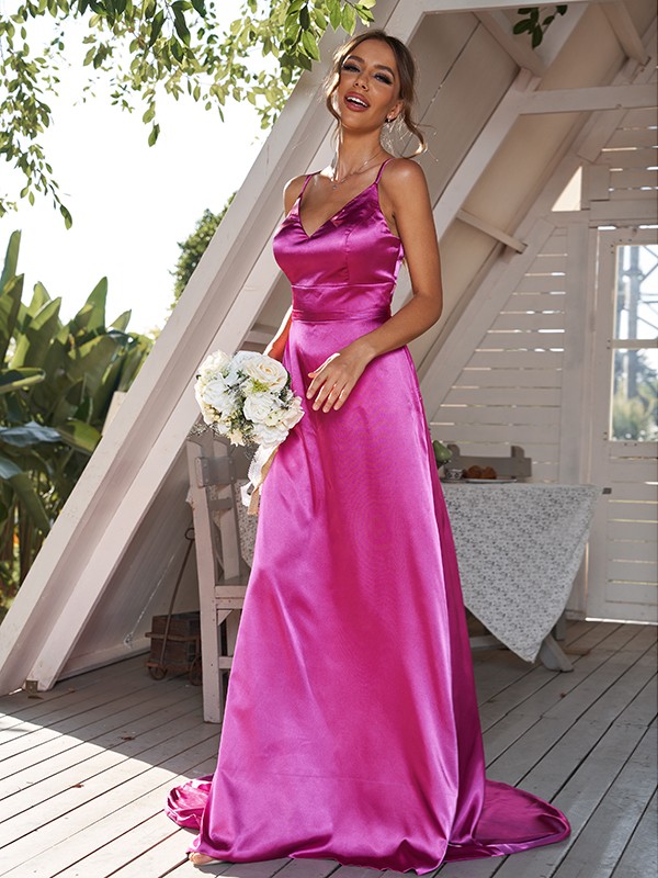 A-Line/Princess Silk like Satin Ruched V-neck Sleeveless Sweep/Brush Train Bridesmaid Dresses 2479