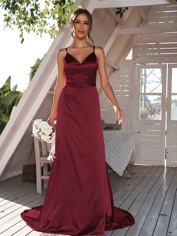 A-Line/Princess Silk like Satin Ruched V-neck Sleeveless Sweep/Brush Train Bridesmaid Dresses 2479