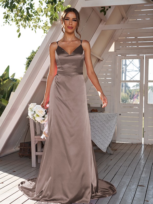 A-Line/Princess Silk like Satin Ruched V-neck Sleeveless Sweep/Brush Train Bridesmaid Dresses 2479