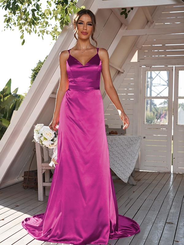 A-Line/Princess Silk like Satin Ruched V-neck Sleeveless Sweep/Brush Train Bridesmaid Dresses 2479