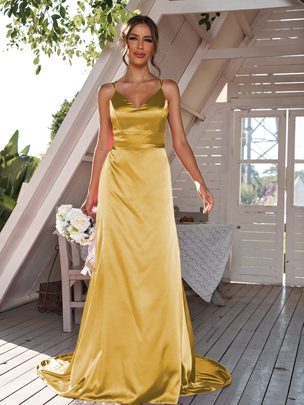 A-Line/Princess Silk like Satin Ruched V-neck Sleeveless Sweep/Brush Train Bridesmaid Dresses 2479