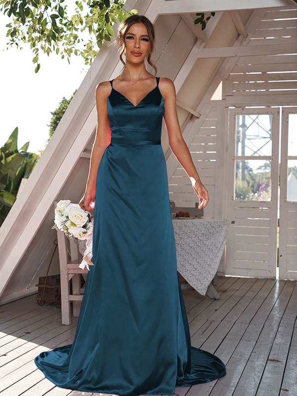 A-Line/Princess Silk like Satin Ruched V-neck Sleeveless Sweep/Brush Train Bridesmaid Dresses 2479