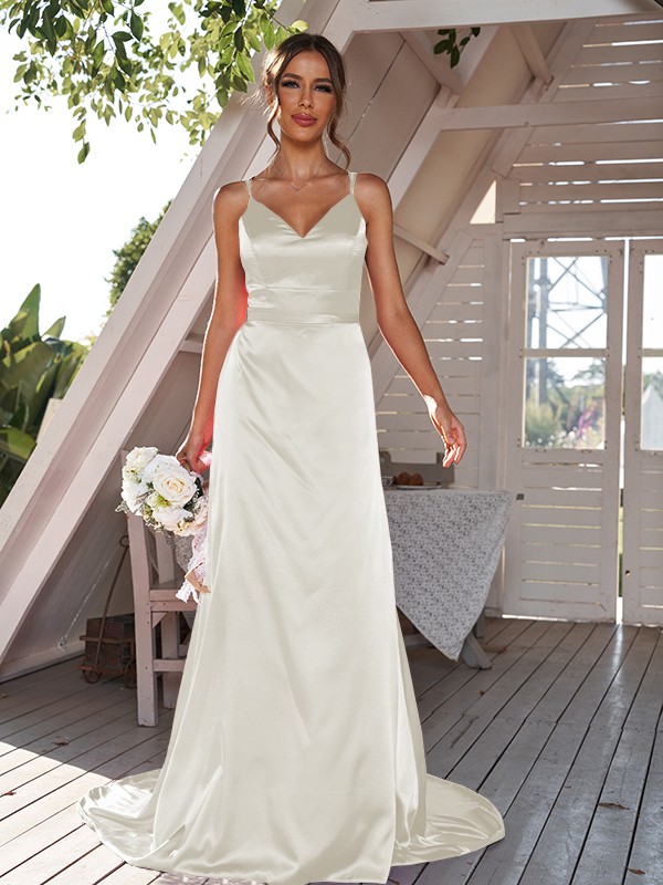 A-Line/Princess Silk like Satin Ruched V-neck Sleeveless Sweep/Brush Train Bridesmaid Dresses 2479