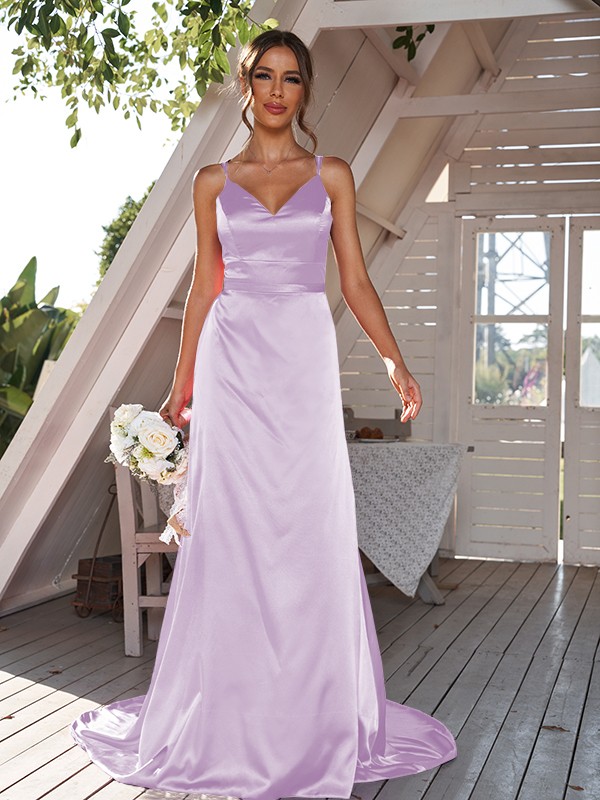 A-Line/Princess Silk like Satin Ruched V-neck Sleeveless Sweep/Brush Train Bridesmaid Dresses 2479