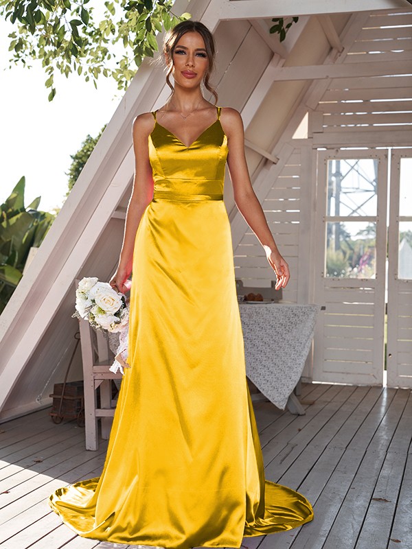 A-Line/Princess Silk like Satin Ruched V-neck Sleeveless Sweep/Brush Train Bridesmaid Dresses 2479