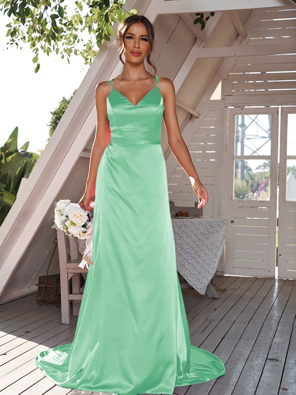 A-Line/Princess Silk like Satin Ruched V-neck Sleeveless Sweep/Brush Train Bridesmaid Dresses 2479