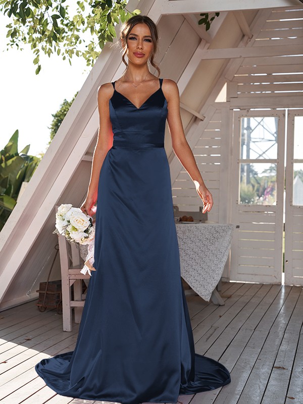 A-Line/Princess Silk like Satin Ruched V-neck Sleeveless Sweep/Brush Train Bridesmaid Dresses 2479