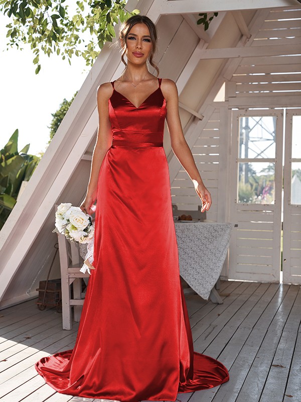 A-Line/Princess Silk like Satin Ruched V-neck Sleeveless Sweep/Brush Train Bridesmaid Dresses 2479