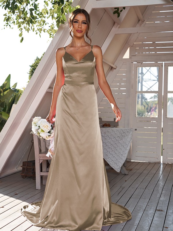 A-Line/Princess Silk like Satin Ruched V-neck Sleeveless Sweep/Brush Train Bridesmaid Dresses 2479