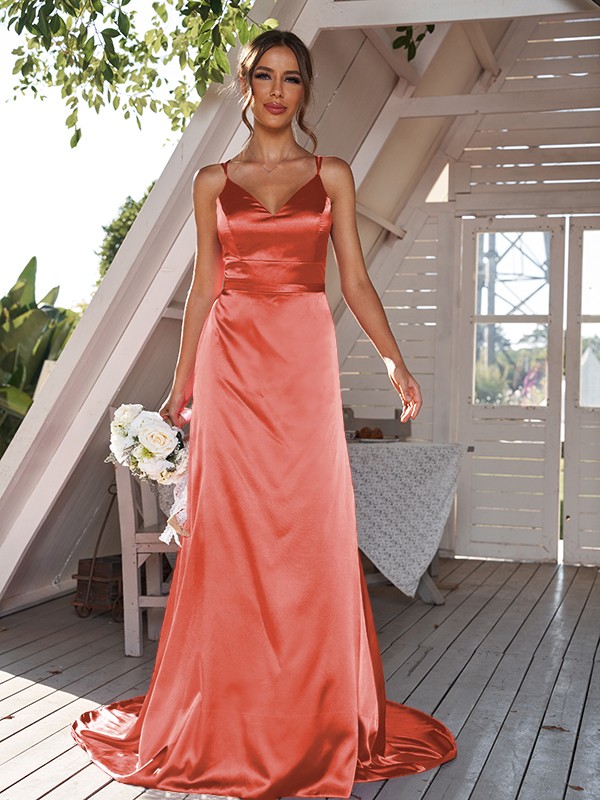 A-Line/Princess Silk like Satin Ruched V-neck Sleeveless Sweep/Brush Train Bridesmaid Dresses 2479