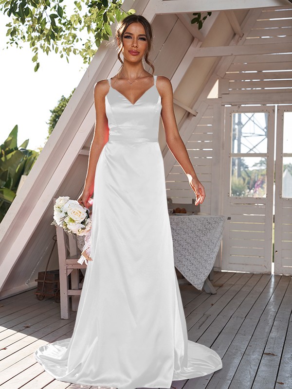 A-Line/Princess Silk like Satin Ruched V-neck Sleeveless Sweep/Brush Train Bridesmaid Dresses 2479