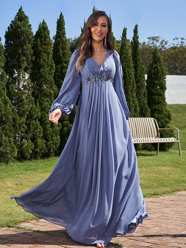 A-Line/Princess Chiffon Applique V-neck Long Sleeves Floor-Length Bridesmaid Dresses 2134