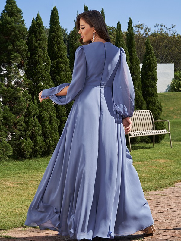 A-Line/Princess Chiffon Applique V-neck Long Sleeves Floor-Length Bridesmaid Dresses 2134