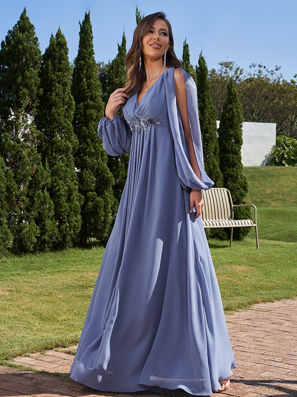 A-Line/Princess Chiffon Applique V-neck Long Sleeves Floor-Length Bridesmaid Dresses 2134