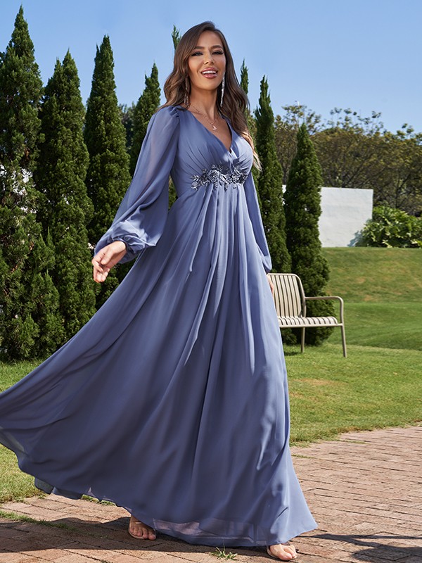 A-Line/Princess Chiffon Applique V-neck Long Sleeves Floor-Length Bridesmaid Dresses 2134