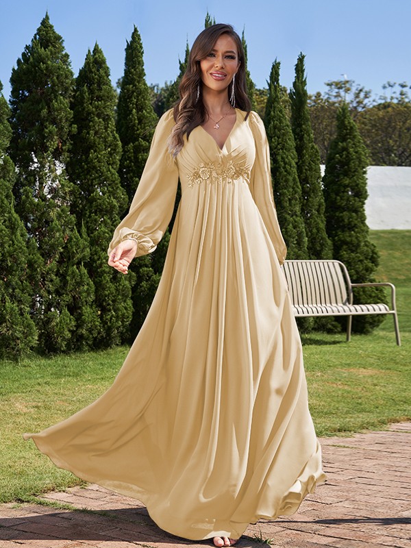 A-Line/Princess Chiffon Applique V-neck Long Sleeves Floor-Length Bridesmaid Dresses 2134