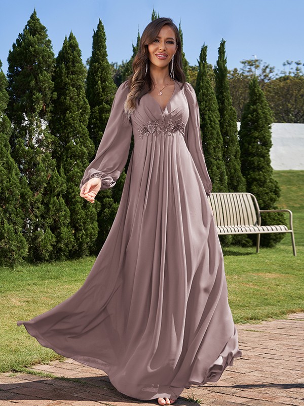 A-Line/Princess Chiffon Applique V-neck Long Sleeves Floor-Length Bridesmaid Dresses 2134