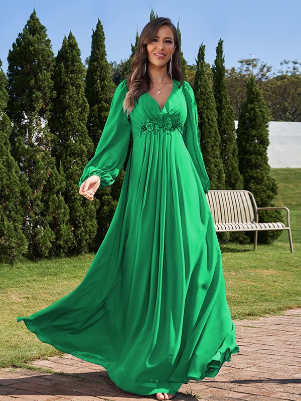 A-Line/Princess Chiffon Applique V-neck Long Sleeves Floor-Length Bridesmaid Dresses 2134