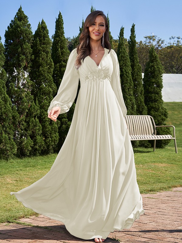 A-Line/Princess Chiffon Applique V-neck Long Sleeves Floor-Length Bridesmaid Dresses 2134