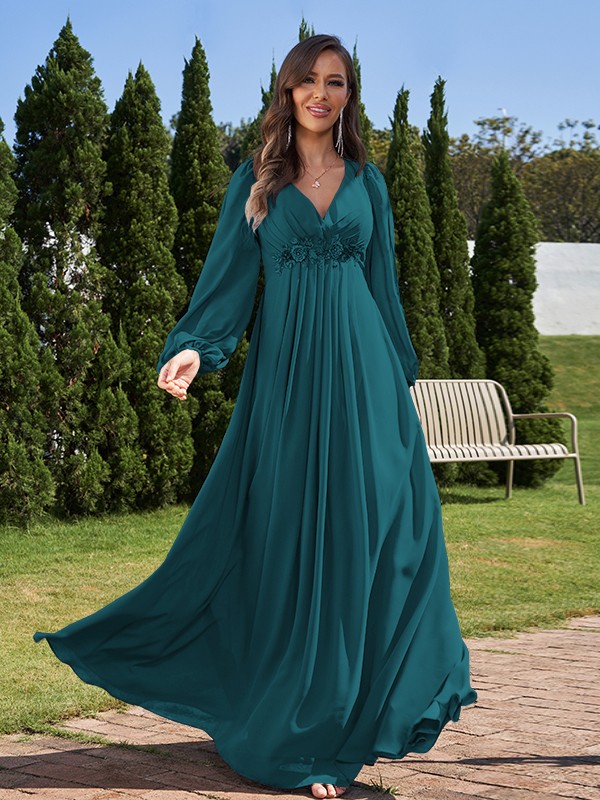 A-Line/Princess Chiffon Applique V-neck Long Sleeves Floor-Length Bridesmaid Dresses 2134