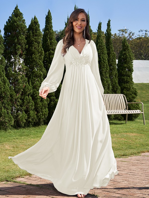 A-Line/Princess Chiffon Applique V-neck Long Sleeves Floor-Length Bridesmaid Dresses 2134