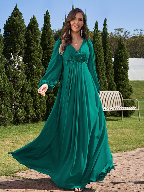 A-Line/Princess Chiffon Applique V-neck Long Sleeves Floor-Length Bridesmaid Dresses 2134