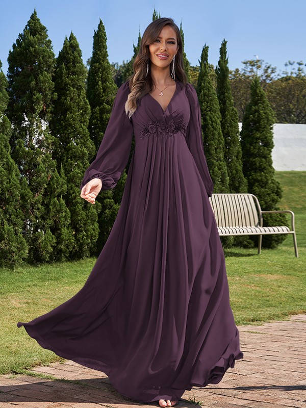 A-Line/Princess Chiffon Applique V-neck Long Sleeves Floor-Length Bridesmaid Dresses 2134