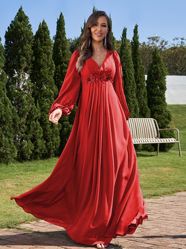 A-Line/Princess Chiffon Applique V-neck Long Sleeves Floor-Length Bridesmaid Dresses 2134