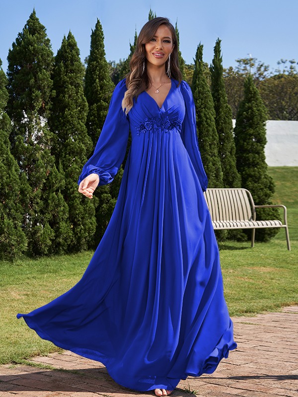 A-Line/Princess Chiffon Applique V-neck Long Sleeves Floor-Length Bridesmaid Dresses 2134