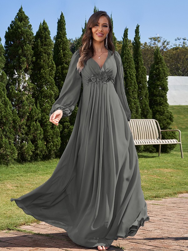 A-Line/Princess Chiffon Applique V-neck Long Sleeves Floor-Length Bridesmaid Dresses 2134