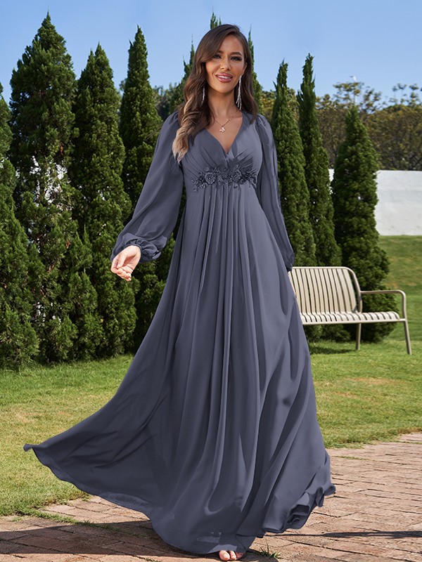 A-Line/Princess Chiffon Applique V-neck Long Sleeves Floor-Length Bridesmaid Dresses 2134