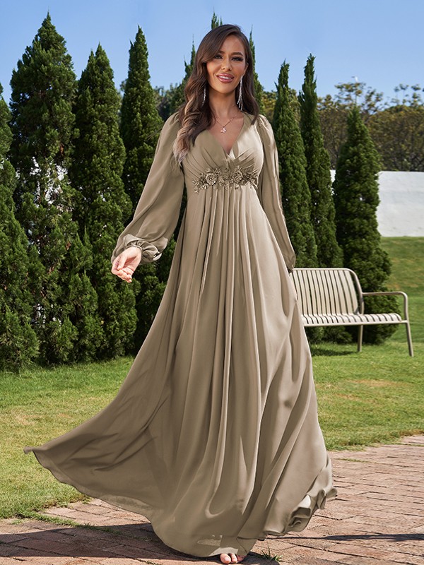 A-Line/Princess Chiffon Applique V-neck Long Sleeves Floor-Length Bridesmaid Dresses 2134