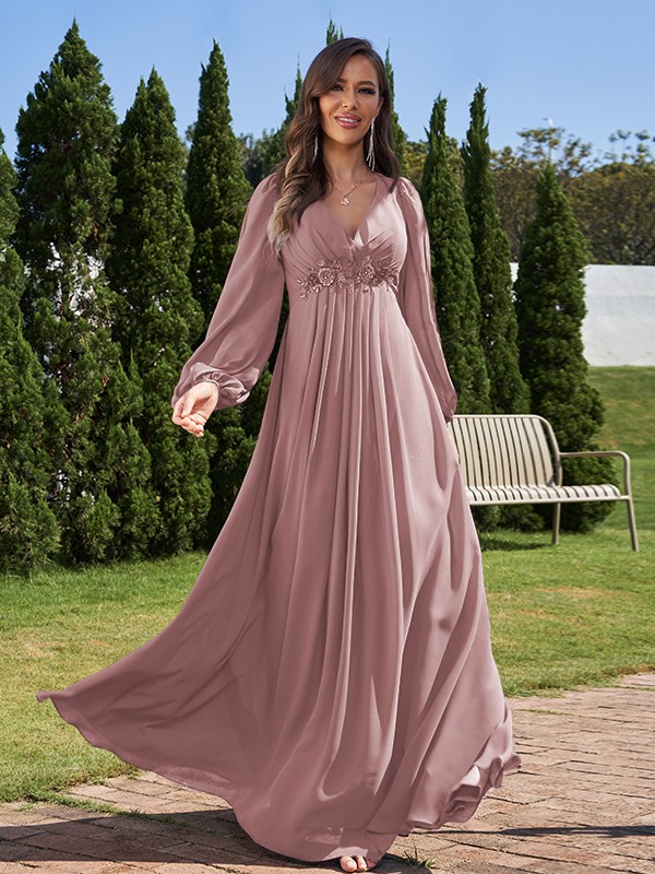 A-Line/Princess Chiffon Applique V-neck Long Sleeves Floor-Length Bridesmaid Dresses 2134