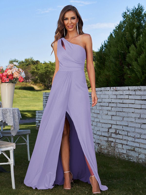 A-Line/Princess Jersey Ruched One-Shoulder Sleeveless Floor-Length Bridesmaid Dresses 2321