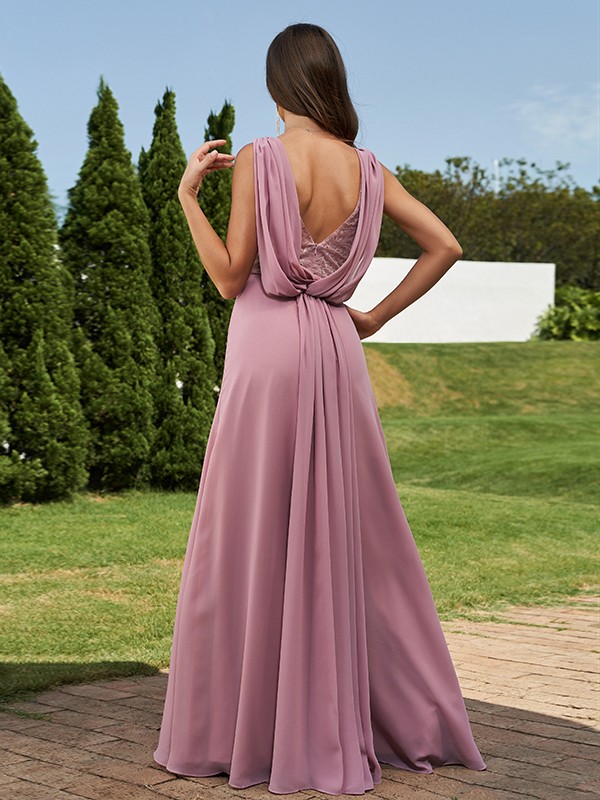 A-Line/Princess Chiffon Ruched V-neck Sleeveless Floor-Length Bridesmaid Dresses 2181